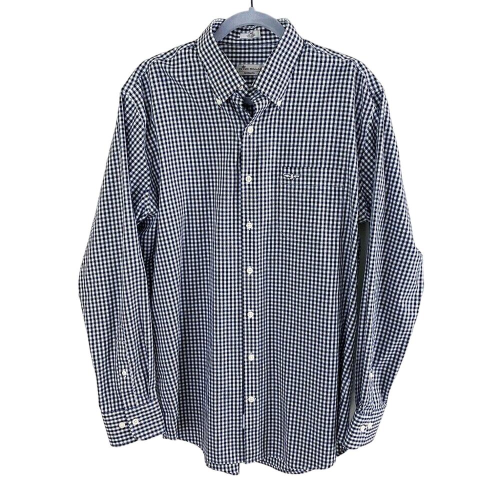 Peter Millar Black and White Gingham Plaid Button Down with Wing and Wheel Logo